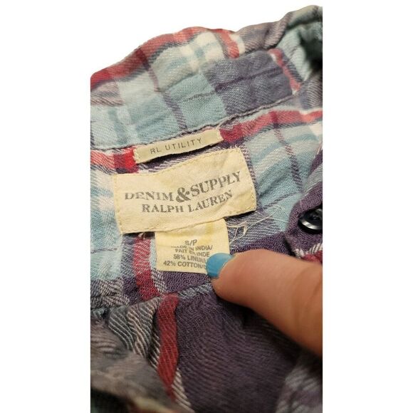 Denim & Supply Ralph Lauren Button Down Shirt Womens Small Blue Plaid Top - Picture 4 of 8